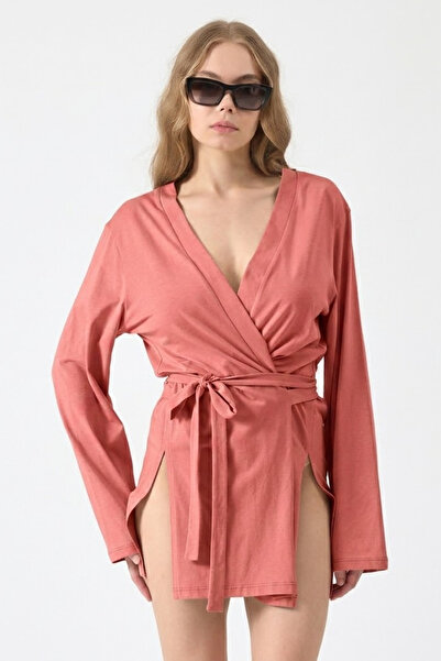 COMBİNE MİCHAİL Women's Beach Wear Comfortable Belted Pink Kimono