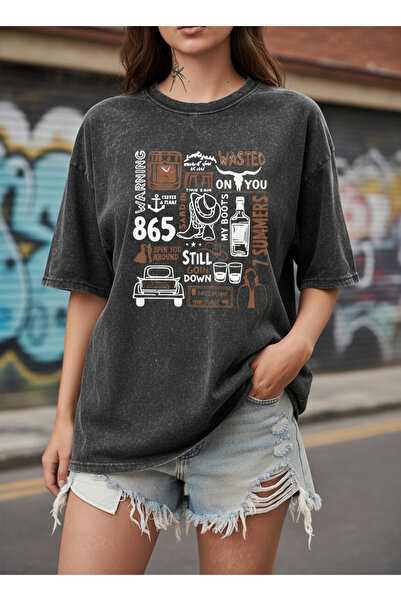 ship master Γυναικεία μαύρα μπλουζάκια oversized με δυτικό κείμενο και θέμα κ...