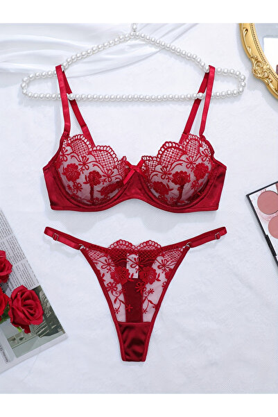 Take Two By Styli Burgundy Floral Embroidered Mesh Non Padded Wired Bra and B...