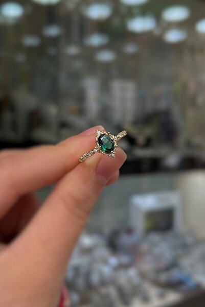 Erer Gümüş 925 Ayar Gümüş Oval yeşil Taşlı Vintage Tasarım Kadın altın kaplam...