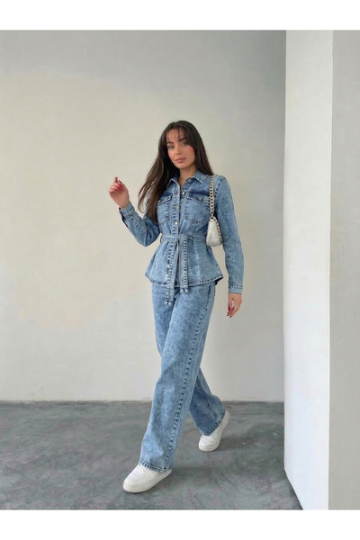 bluemarlin Belted Jacket Pants Denim Two-Piece Suit