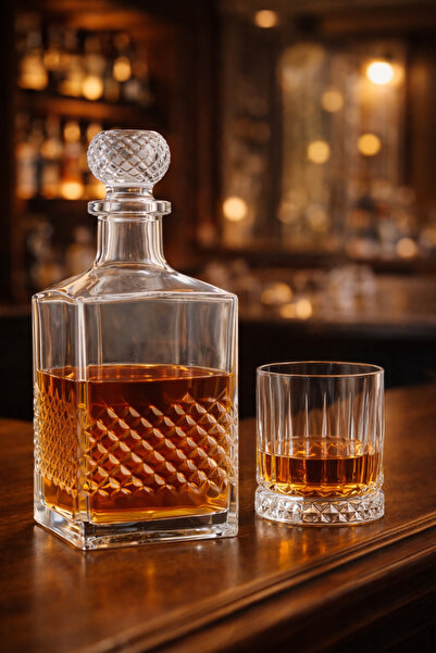 COCEM Kristal Karaf 1200 cc & 360 cc Kesme Kristal Viski Bardağı Toplam 2 Par...