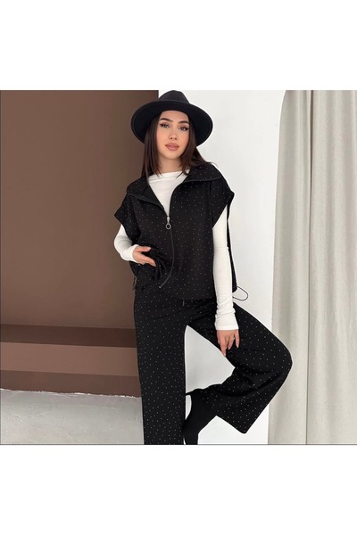 GizSu Butik Siyah Taşlı Yelekli Taşlı Eşofman Takımı