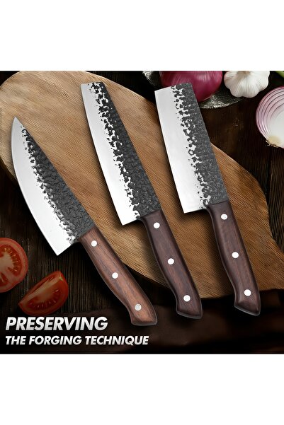 Klyte 3-Piece Hand Forged Kitchen Knife Set, High Carbon Steel Chef/Utility/V...