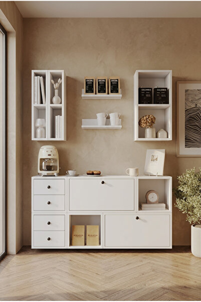 FOR WOMAN DESİGN Ahşap Kahve İstasyonu Çok Amaçlı Konsol Dolap Seti Modern Mi...