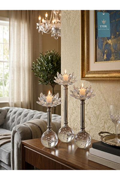 YNSK Luxury | LunaTrio | İthal 3'lü Kristal Şamdan & Mumluk Seti | Gümüş