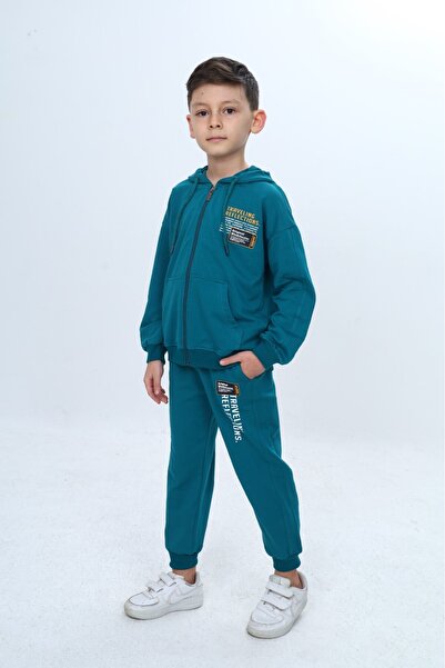Toontoy Boy's Chest Lettering Printed Zippered Tracksuit Set