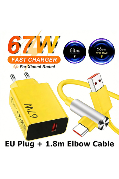 choice2 Yellow EU-1.8m Cable 67W Turbo Fast Charger For Redmi POCO 90 Degree ...