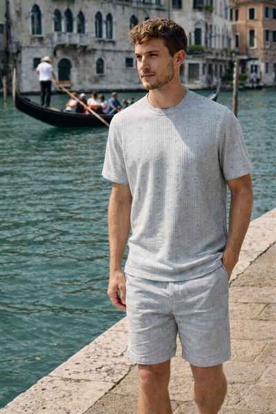 Maccali Men's Patterned Crew Neck Gray Linen T-Shirt