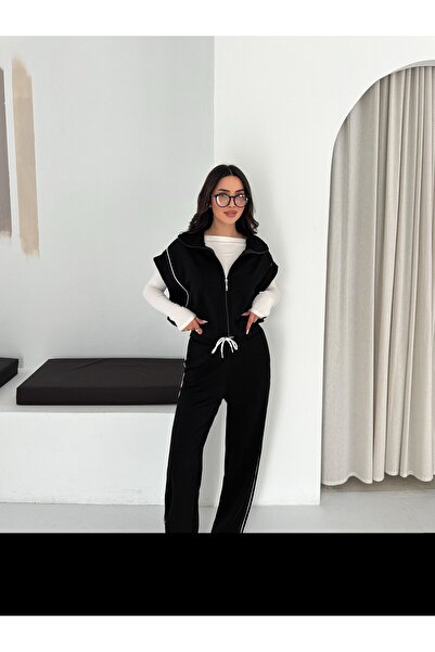 ceymoda Kadın Modal Kumaş Garnili Sıfır Kol Dik Yaka Oversize Eşofman Takımı