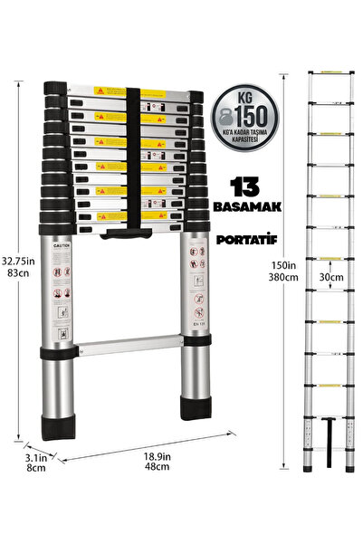 SURTECH 3.8 Metre Merdiven Katlanır Portatif Teleskopik 13 Basamaklı Merdiven