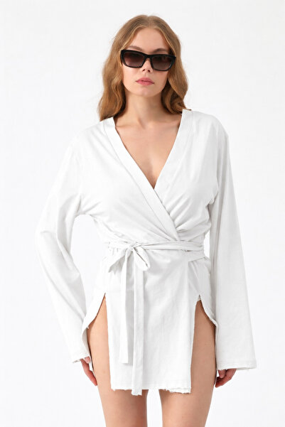 COMBİNE MİCHAİL Women's Beach Wear Comfortable Belted White Kimono