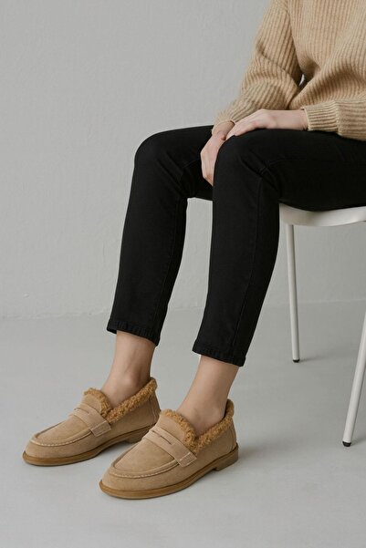 BABLACK Kürk Detaylı %100 Hakiki Deri Özel Seri Kadın Makosen Bej