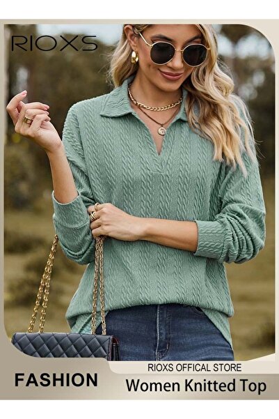 RIOXS Women's Lapel Long Sleeve Knit T-Shirt, Loose Fit V-Neck Lightweight Kn...