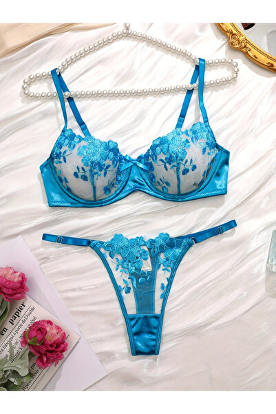 Take Two By Styli Blue Floral Embroidered Mesh Non Padded Wired Bra and Brief...