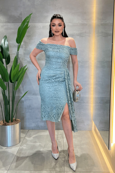 giyimmasalı dantelă Rochie din material textil cu decolteu barcă - VERDE MENTĂ