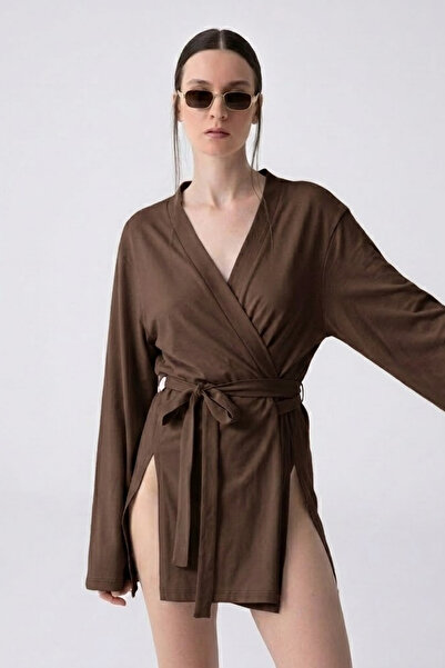 COMBİNE MİCHAİL Women's Long Sleeve Belted Brown Mini Kimono