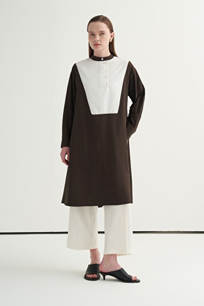 EBU Prive Γυναικείο τουνίκ με αντίθεση στο γιακά σε καφέ χρώμα