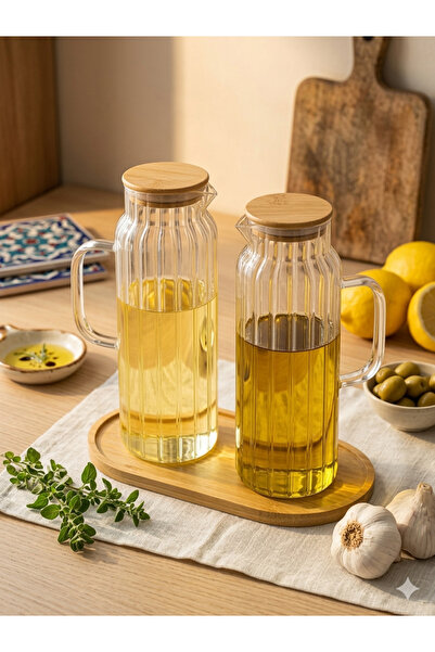 MİS KİTCHEN Bambu Standlı 2’li Cam Yağlık Sirkelik Seti Dökme Ağızlı Cam Yağd...