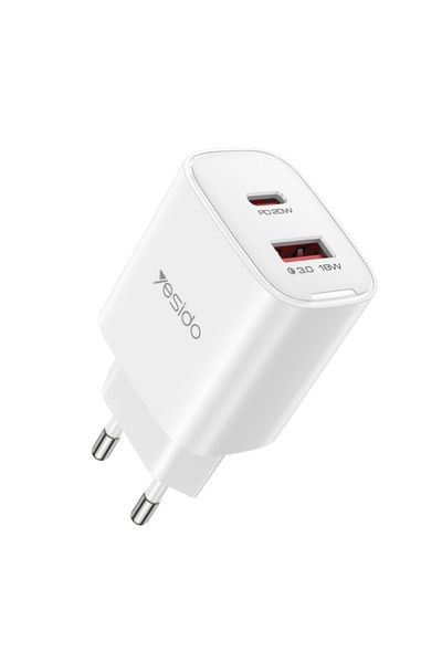 Yesido Încărcător de perete, USB și USB-C, PD 20W, QC 18W, ABS, Alb