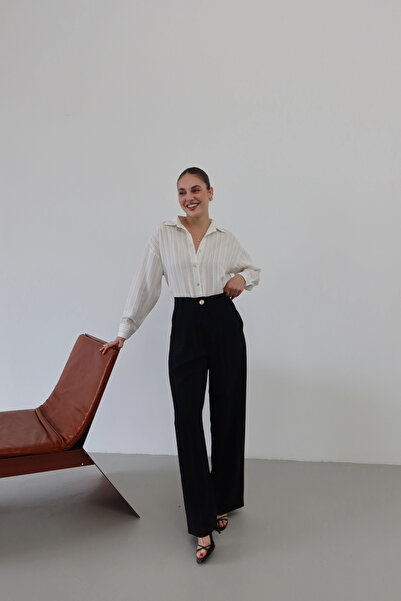 roea Elastic Waist Gold Button Classic Trousers Black