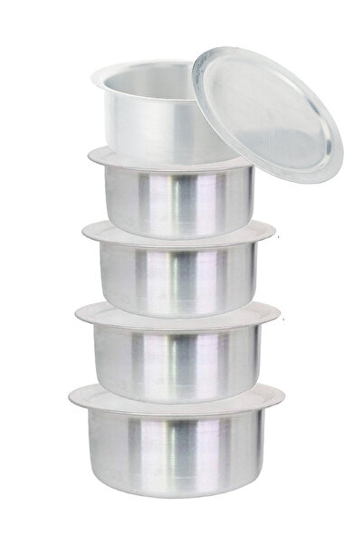 RAJ Set of 5 aluminum pots with flat, saucer-shaped lids, made in India, size...