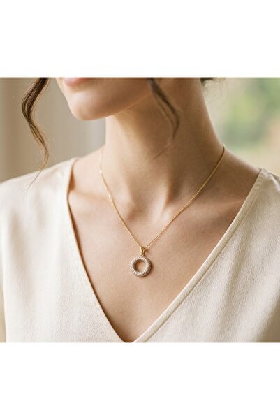 ESRADA 3S Gold Steel Necklace with Stone Ring Figure