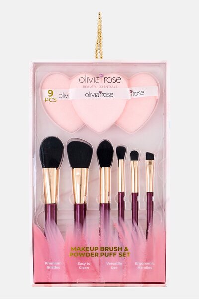 Olivia Rose 9 Pieces Makeup Brush And Powder Puff Set, Multicolor