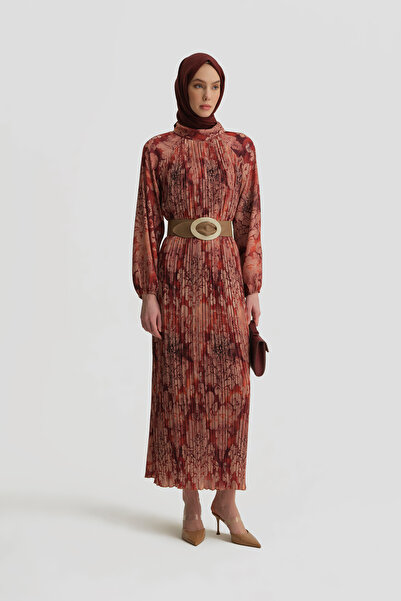 Armine Desenli Elbise Bordo