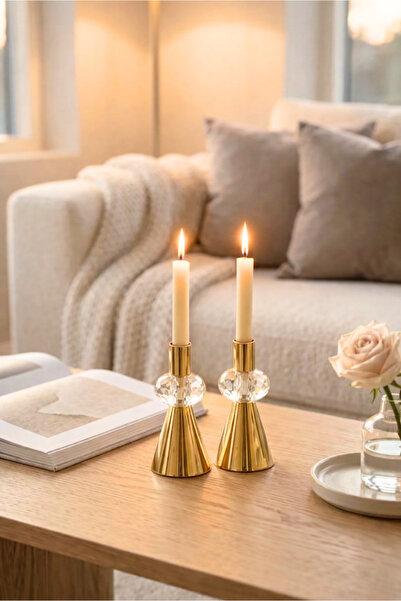 HOMİNG Aria 2'li Camlı Metal Şamdan Mumluk Seti