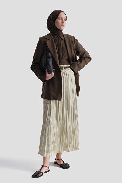 Armine Kırışık Efektli Saten Etek Ekru