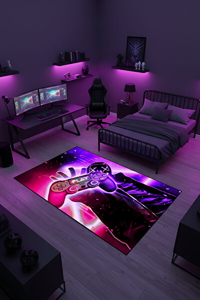 Pixel Dizayn Genç Odası Halısı Neon Konsol Gamer Temalı Kaymaz Dot Taban Deko...