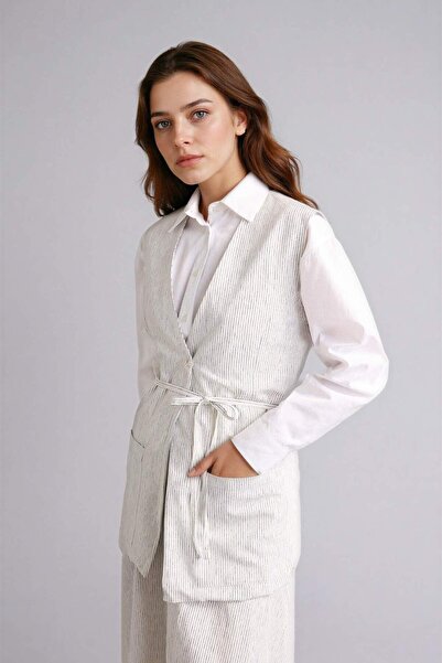 DeFacto رقبة على شكل حرف V عادية مخطط كتان مزيج سترة H0338AX26SP