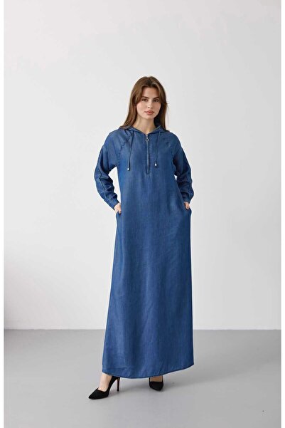 Neways 6668-Hooded Ornamental Crochet Dress Dark Blue