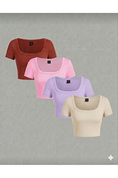 MİLYA&GYM Pachet de 4 tricouri crop din bumbac, cu guler pătrat, mulat pe cor...