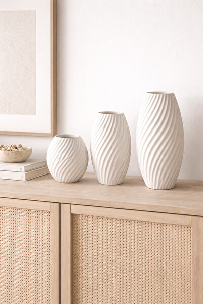 Leerybee 3’lü Dekoratif Vazo Seti – 3D Baskı Modern Minimal Vazo | 18-13-8 Cm
