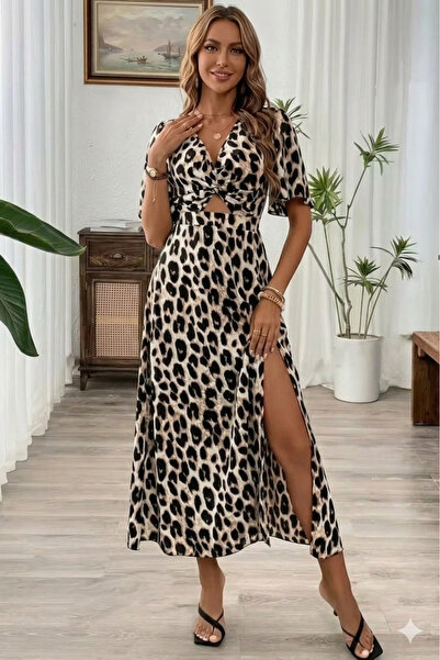 Modayakamoz New Season Women's Short Sleeve V-Neck Elastic Waist Slit Long Le...