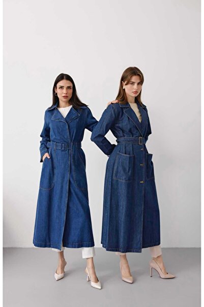 Neways 6669-Denim Kemerli Trençkot Koyu Mavi