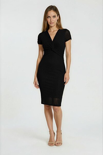 Spazio Ormanna V Yaka Beli Düğümlü Kısa Kol Elbise SİYAH