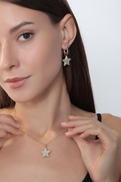 Bijuty Yıldız Kolye ve Küpe Set Çelik - Altın Renk - (Ecrin Su Çoban Kolyesi)...