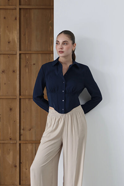 roea Beli Korseli Uzun Kollu Crop Gömlek Lacivert