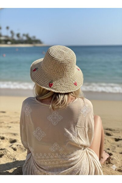 Trend Şapka 14521 Χειροποίητο πλεκτό ψάθινο καπέλο σε μπεζ χρώμα με κέντημα φ...