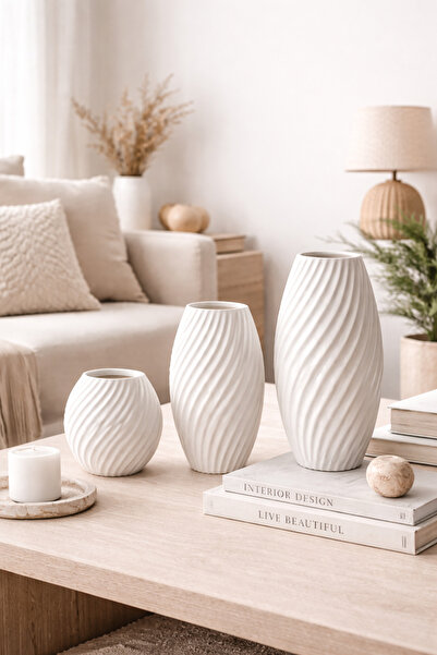 Leerybee 3’lü Dekoratif Vazo Seti – 3D Baskı Modern Minimal Vazo | 18-13-8 Cm