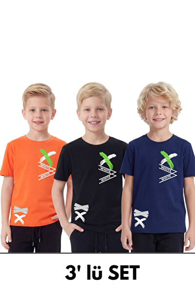 FYK COLLECTİON 3-pack X Λευκό με τύπωμα Αγορίστικο μπλουζάκι με στρογγυλή λαι...