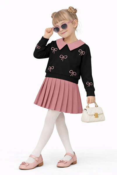 AHENGİM Hanorac cu guler și fundă pentru fetiță, fustă plisată, set 2 piese A...