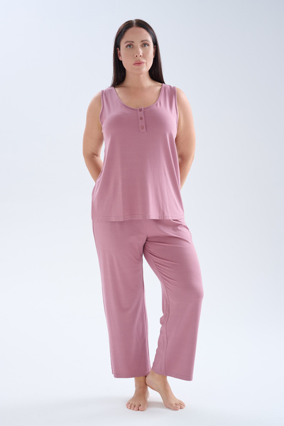Hays Kadın Plus Size Modal Düğmeli Kısa Kollu Tshirt Uzun Takım