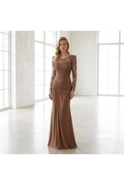 VELİSİA Parlak şifon kumaşa tül üstü işlemeli Abiye Elbise