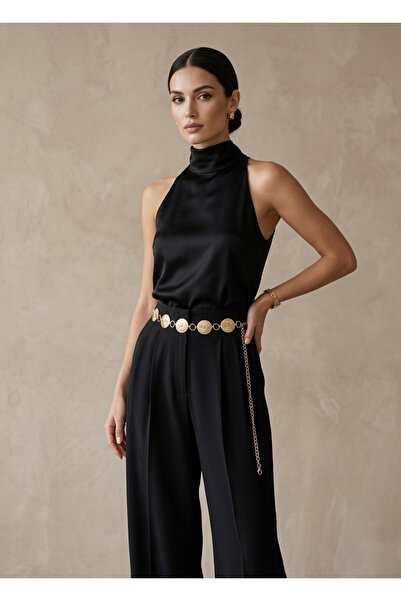 MELA ROSSA Women's Gold Round Daisy Patterned Metal Chain Belt