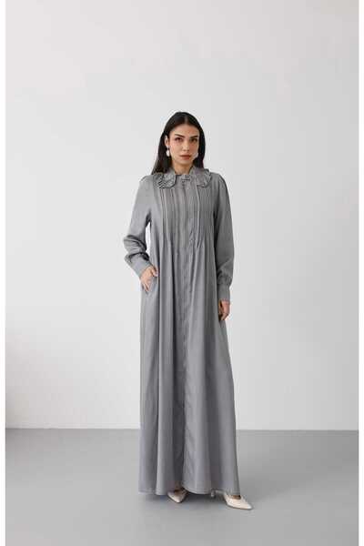 Neways 6671-Fermuarlı Nervürlü Yaka fırıfırlı Ferace Gri