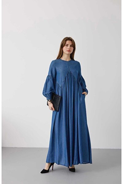 Neways 6672- Büzgülü Elbise Koyu Mavi